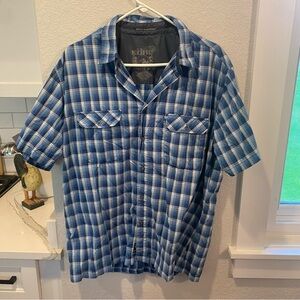 Kuhl XL Lightweight Blue Plaid TShirt Metal Buttons. Two front pockets.